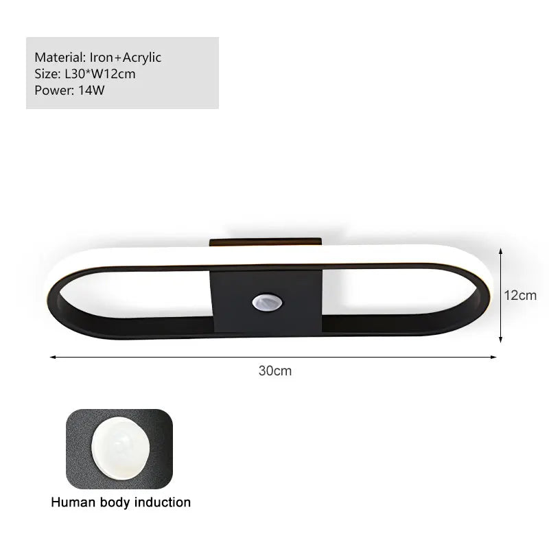 LED ceiling light with dimensions and material details on a white background