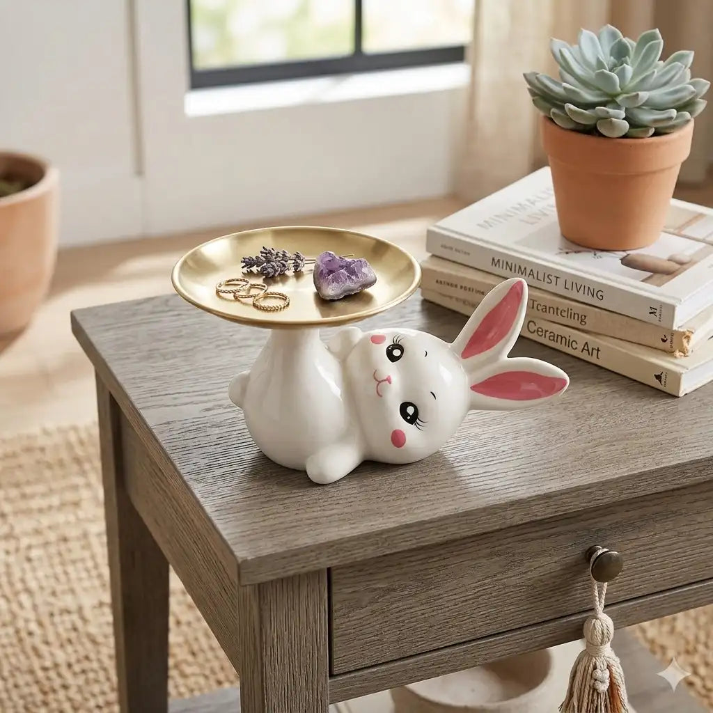 Ceramic rabbit with a small round table on a wooden surface, with books and a plant in the background.