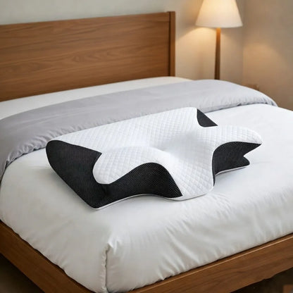 Cervical pillow on a bed in a bedroom setting