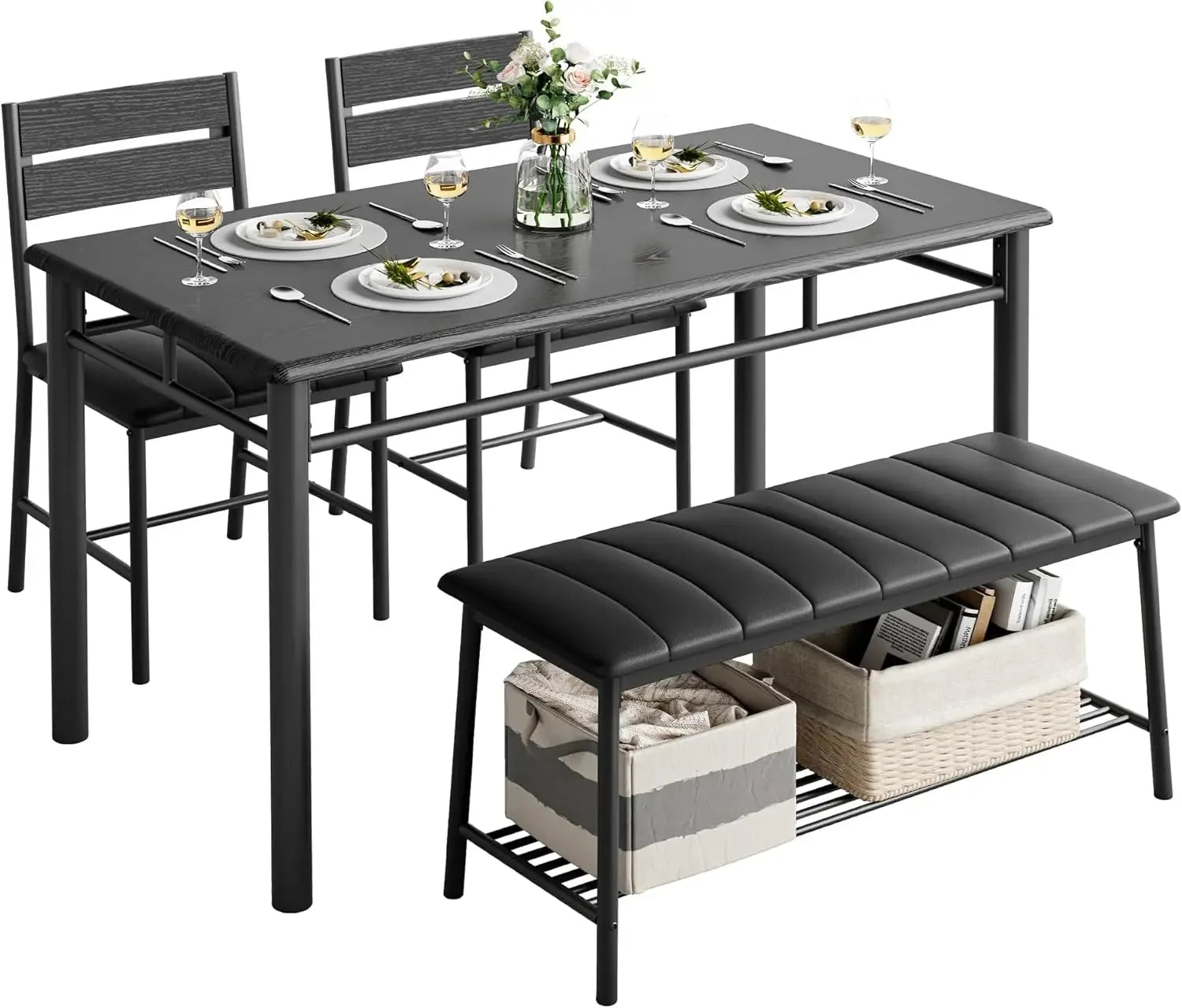 4-Piece Dining Set Kitchen Table with 2 Chairs & Upholstered Bench - Black