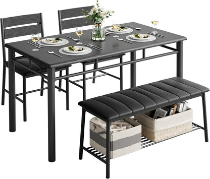 4-Piece Dining Set Kitchen Table with 2 Chairs & Upholstered Bench - Black