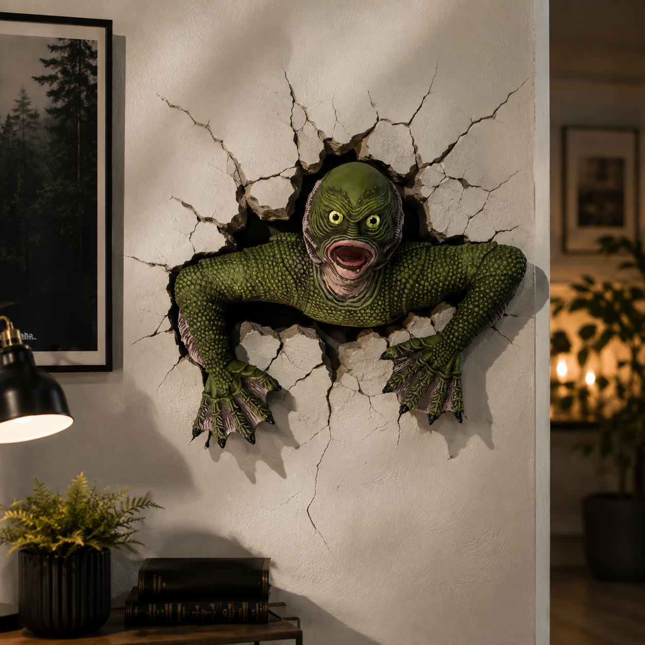 A 3D wall-mounted sculpture of the Creature from the Looney Tunes Short 'The Long Homecoming' breaking through a textured wall, shown in a styled room setting with a lamp, framed picture, and plants.