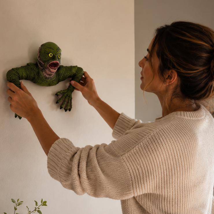 A woman in a cream ribbed sweater and blue jeans hangs a green frog plush toy on a beige wall in a cozy, sunlit room with a wooden console table and potted plant.