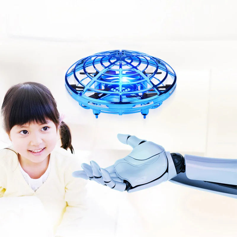 Child with a robot hand and glowing blue orb on a white background