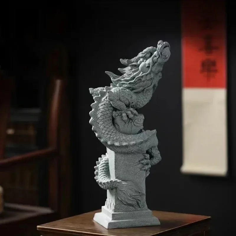 Chinese Panlong Dragon Statue – Feng Shui Zodiac Dragon Decorative Sculpture - Gray