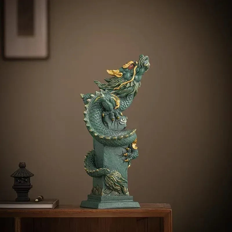 Chinese Panlong Dragon Statue – Feng Shui Zodiac Dragon Decorative Sculpture - Green