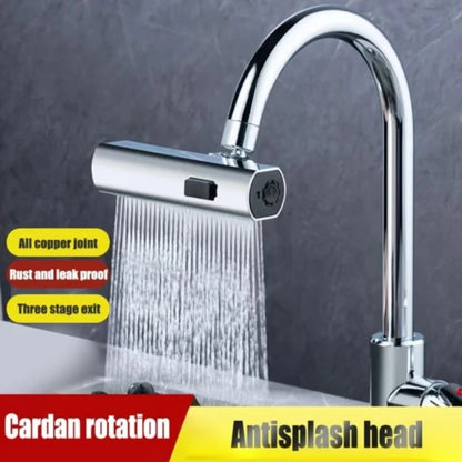 Chrome faucet with water flowing, featuring text on copper joint, rust, and leak proof, and cardan rotation.