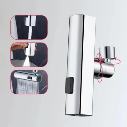 Chrome shower valve with close-up insets on a light gray background