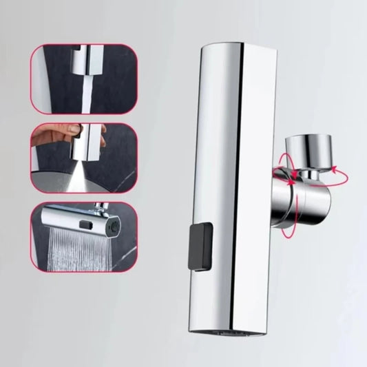 Chrome shower valve with close-up insets on a light gray background