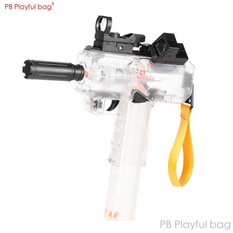 Clear toy gun with black and orange accents on a white background, featuring 'PB Playful bag' branding.