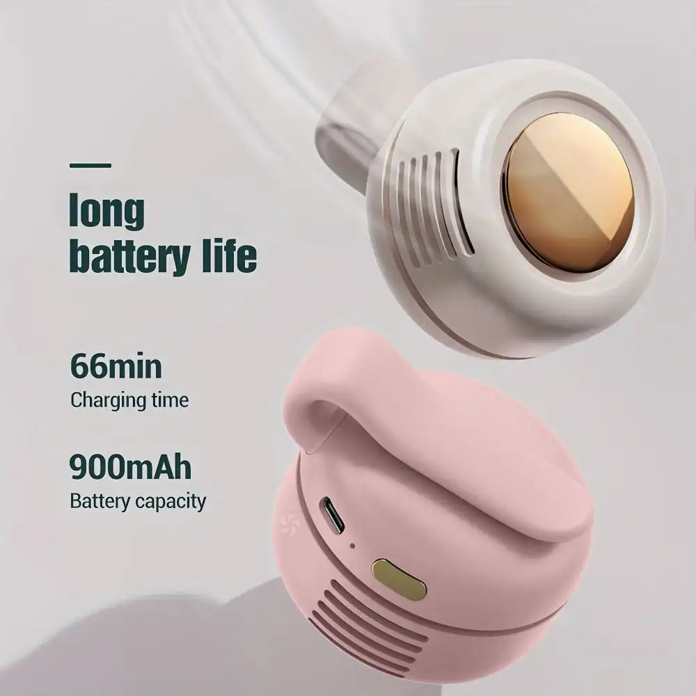 Rechargeable Mini Whirlwind Clip-On Portable Fan on a light gray background, highlighting battery life and charging time.