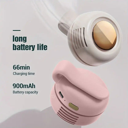 Rechargeable Mini Whirlwind Clip-On Portable Fan on a light gray background, highlighting battery life and charging time.