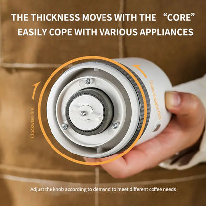 Coffee grinder with text explaining its adjustable feature for different coffee needs.