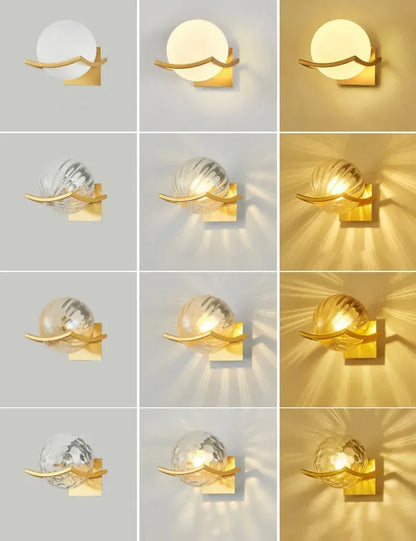 Collage of a gold wall sconce with glass shade on a light gray background