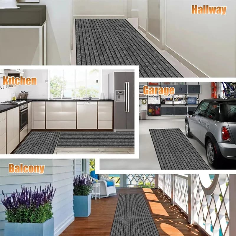 Collage of a gray doormat used in various locations including a hallway, kitchen, garage, and balcony.