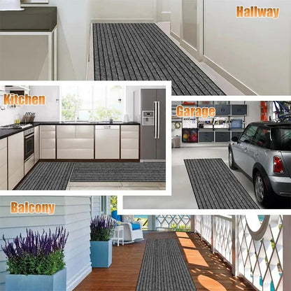 Collage of a gray doormat used in various locations including a hallway, kitchen, garage, and balcony.