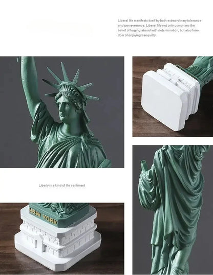 Collage of a green statue with white base, showing different angles and details.