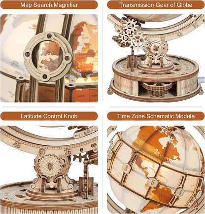 Collage of a mechanical globe with labeled components on a white background.