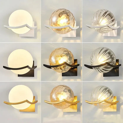 A collage of various wall sconces with different designs and finishes.