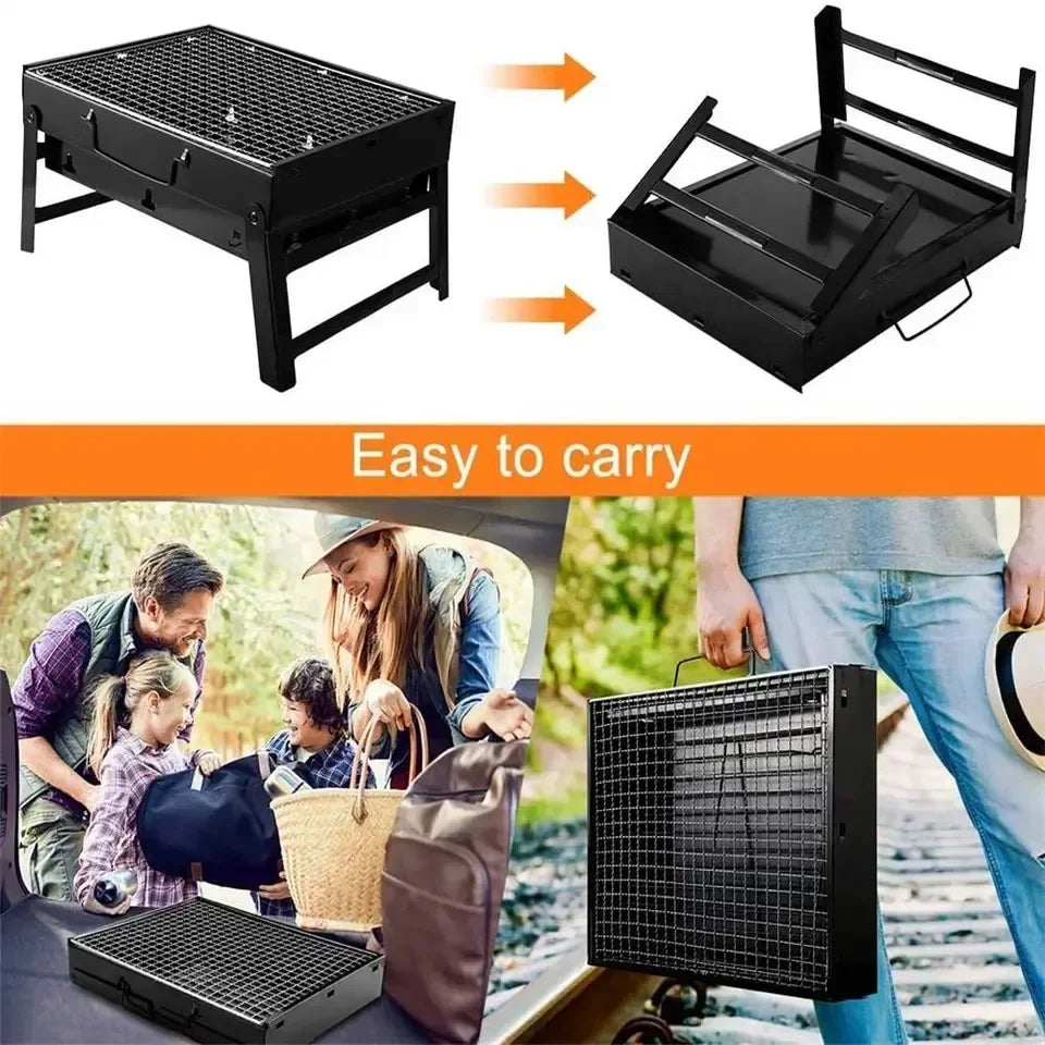 Collapsible outdoor grill with a folding design, a family using it, and a person carrying it.