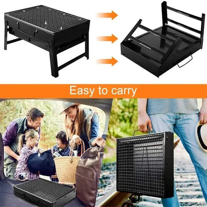 Collapsible outdoor grill with a folding design, a family using it, and a person carrying it.