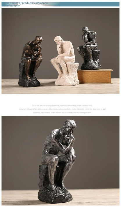 Collection of 'The Thinker' sculptures in various materials and colors on a neutral background.