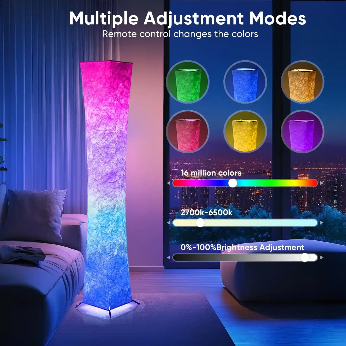 Colorful RGB floor lamp with remote control interface showing adjustment modes in a room setting.