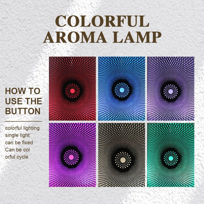 Colorful aroma lamp with text on how to use the button and light patterns.