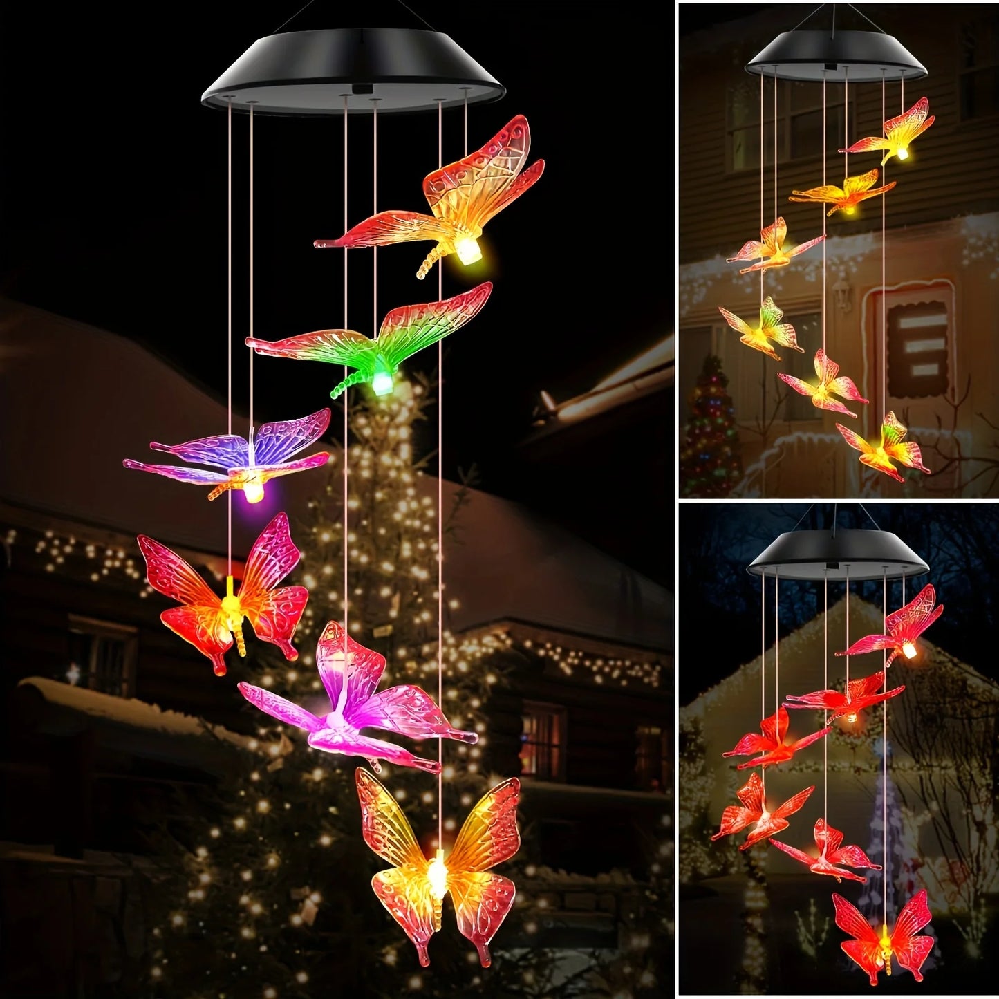 Colorful butterfly-shaped solar lights hanging outdoors at night.