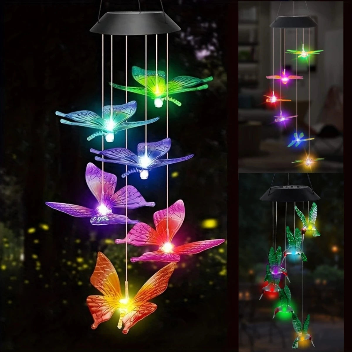 Colorful butterfly-shaped solar wind chime with lights on a dark background