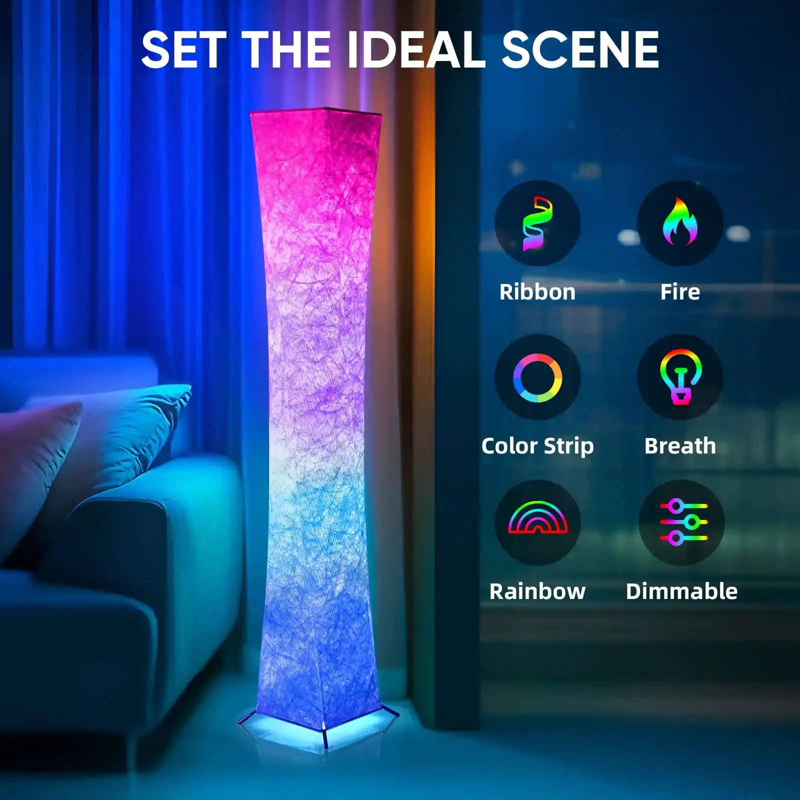 Colorful floor lamp in a living room with lighting effects displayed on a screen.