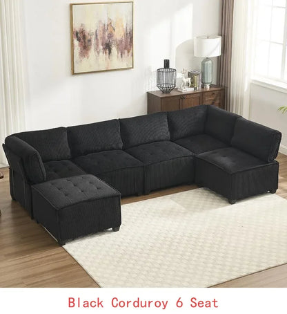 6-Seat Modular U-Shaped Sectional Reversible Corduroy Convertible Couch - Black
