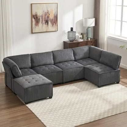 6-Seat Modular U-Shaped Sectional Reversible Corduroy Convertible Couch - Dark Grey