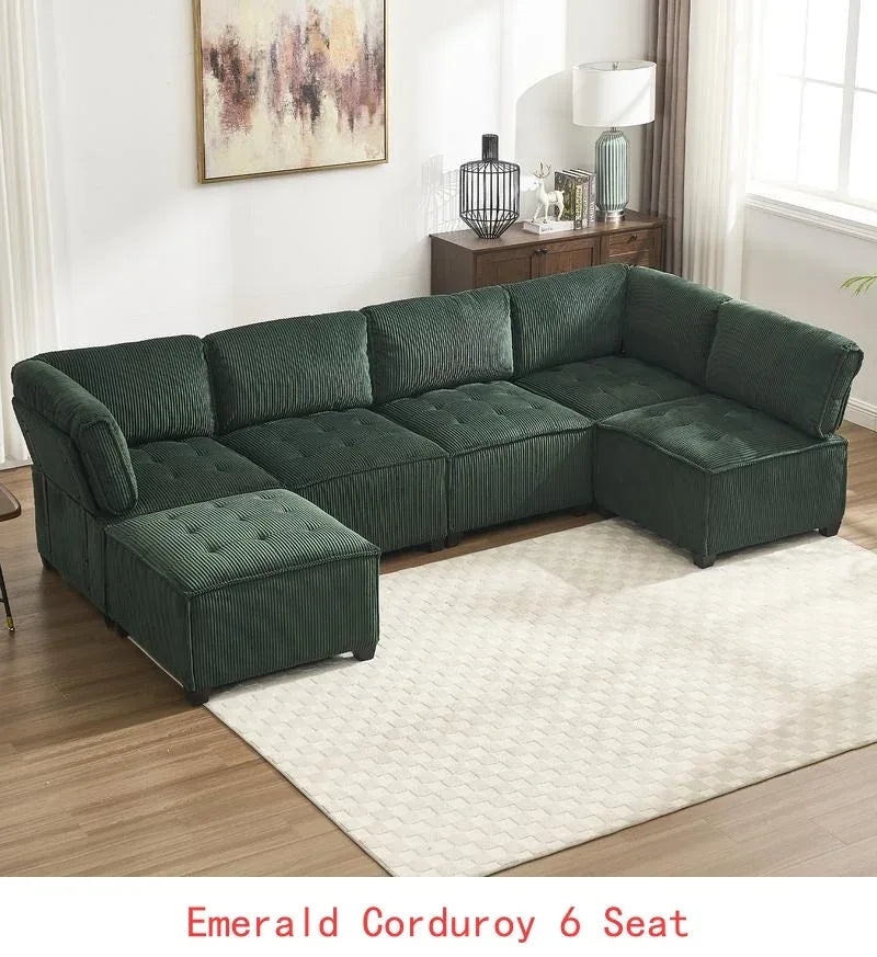 6-Seat Modular U-Shaped Sectional Reversible Corduroy Convertible Couch - Emerald