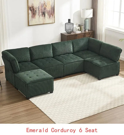 6-Seat Modular U-Shaped Sectional Reversible Corduroy Convertible Couch - Emerald