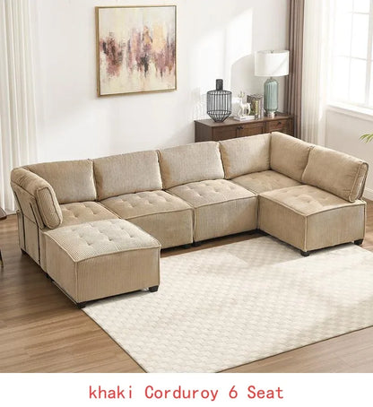6-Seat Modular U-Shaped Sectional Reversible Corduroy Convertible Couch - Khaki