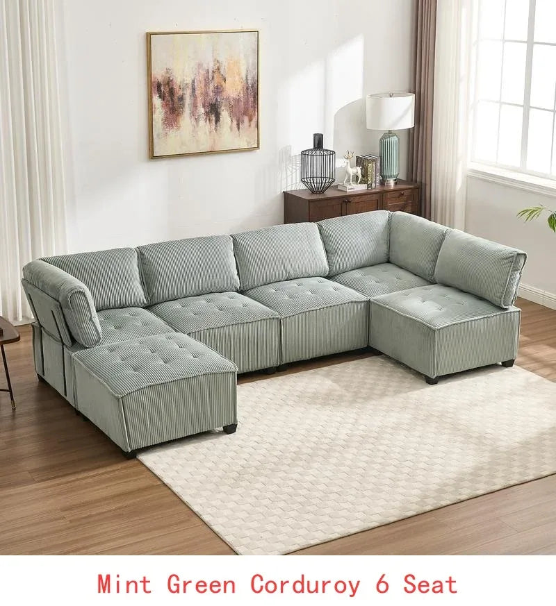 6-Seat Modular U-Shaped Sectional Reversible Corduroy Convertible Couch - Mint Green