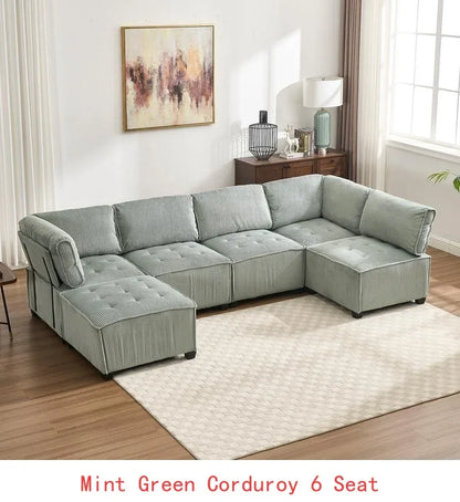 6-Seat Modular U-Shaped Sectional Reversible Corduroy Convertible Couch - Mint Green