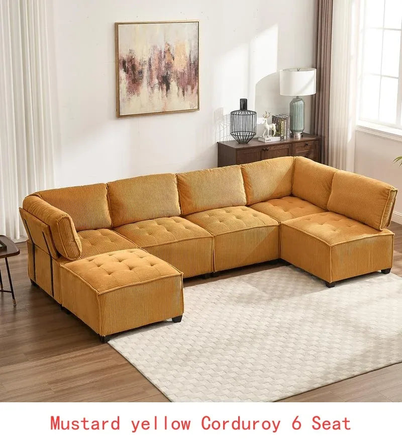 6-Seat Modular U-Shaped Sectional Reversible Corduroy Convertible Couch - mustard Yellow