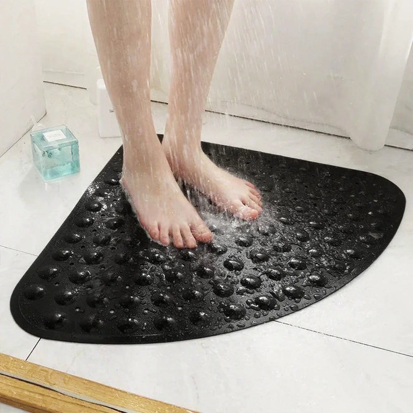 Beige Corner Non-Slip Shower Mat 21.5" Sector Anti-Skid PVC Bath Mat - Black
