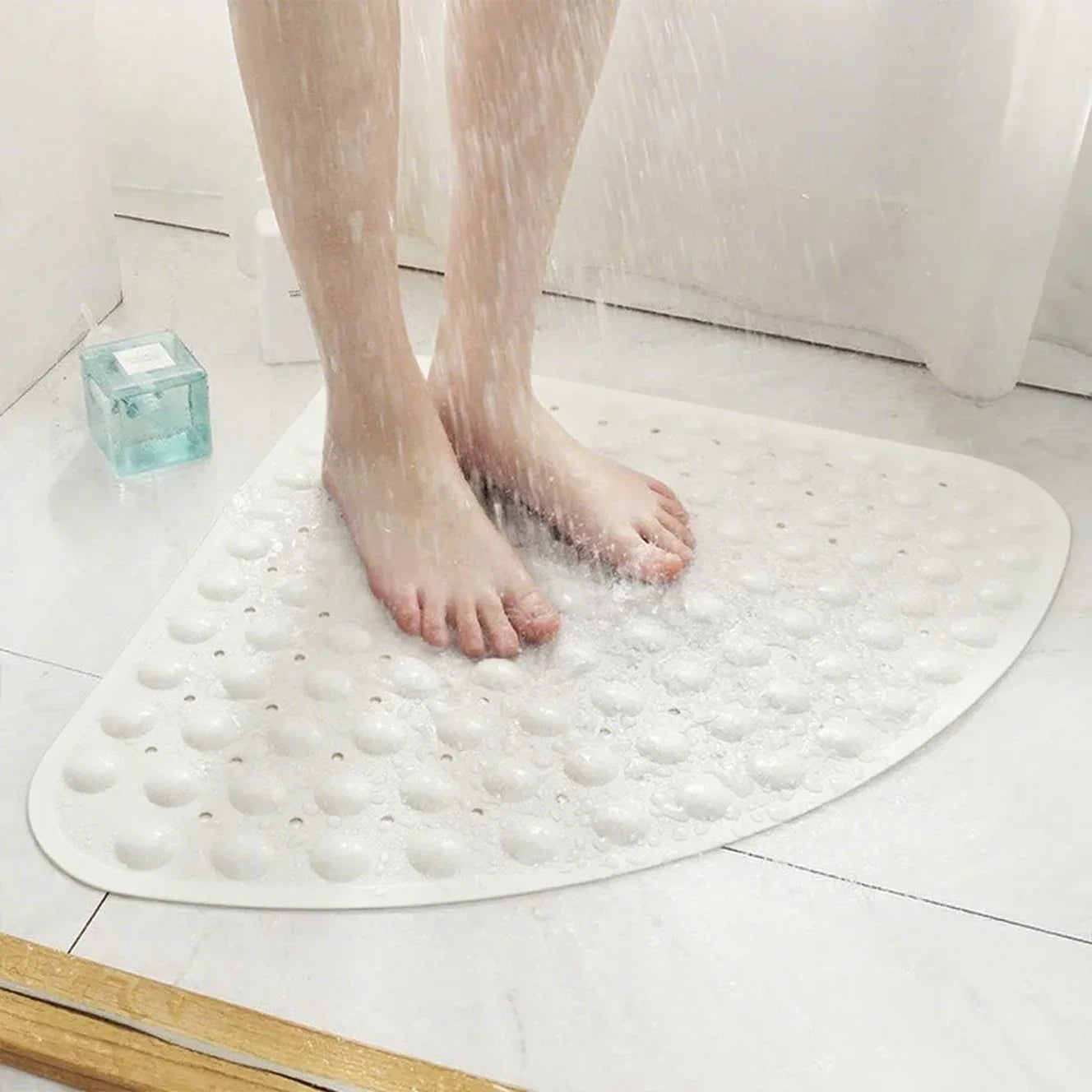 Beige Corner Non-Slip Shower Mat 21.5" Sector Anti-Skid PVC Bath Mat - White