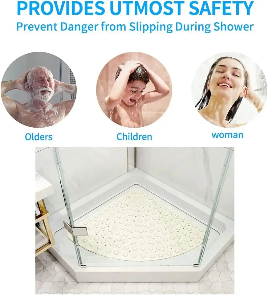 Beige Corner Non-Slip Shower Mat 21.5" Sector Anti-Skid PVC Bath Mat - Black