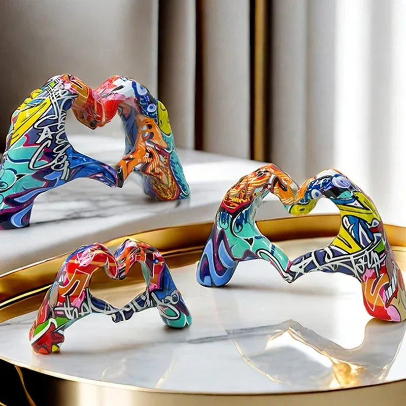 Creative Graffiti Hand Heart Statue Nordic Resin Love Gesture Home Decor - 