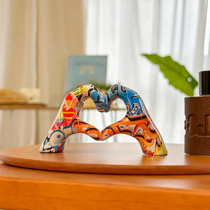 Creative Graffiti Hand Heart Statue Nordic Resin Love Gesture Home Decor - 