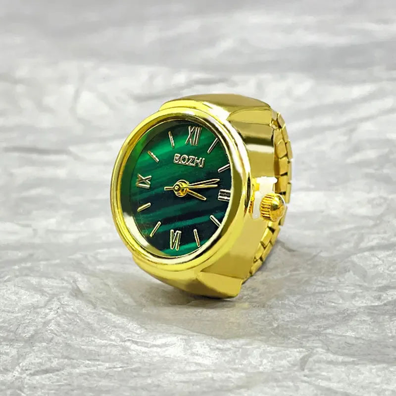 Creative Vintage Finger Watch Ring Unisex Elastic Alloy Quartz Ring Watch - Green Gold