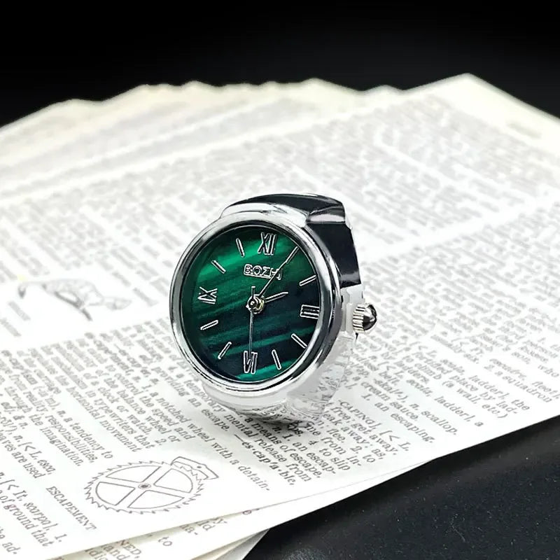 Creative Vintage Finger Watch Ring Unisex Elastic Alloy Quartz Ring Watch - Green Steel