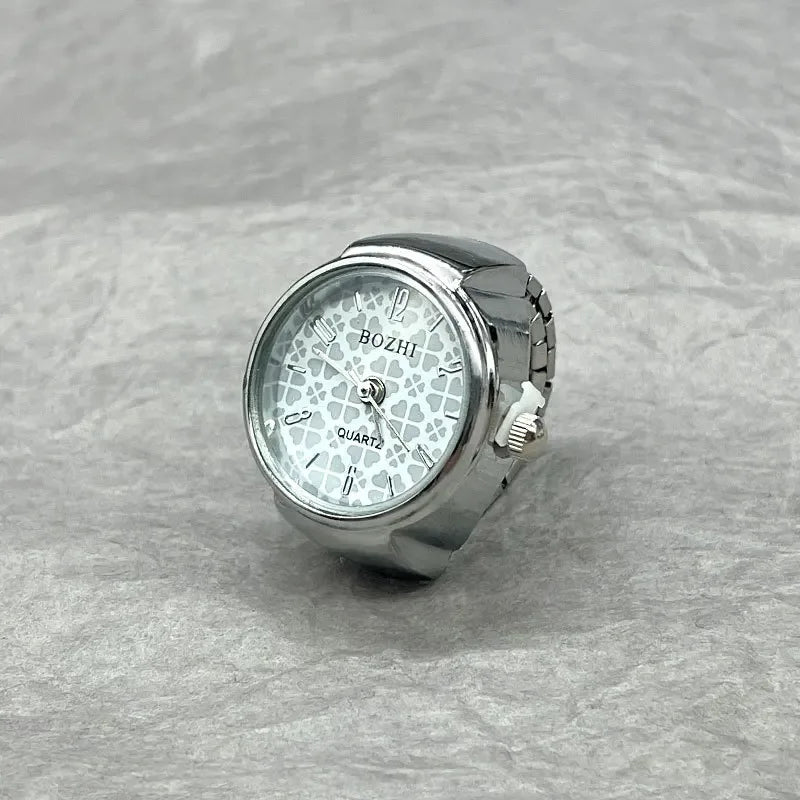 Creative Vintage Finger Watch Ring Unisex Elastic Alloy Quartz Ring Watch - White Steel