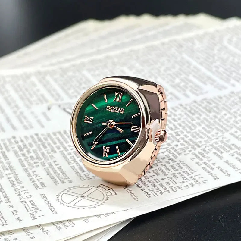 Creative Vintage Finger Watch Ring Unisex Elastic Alloy Quartz Ring Watch - Green Rose gold