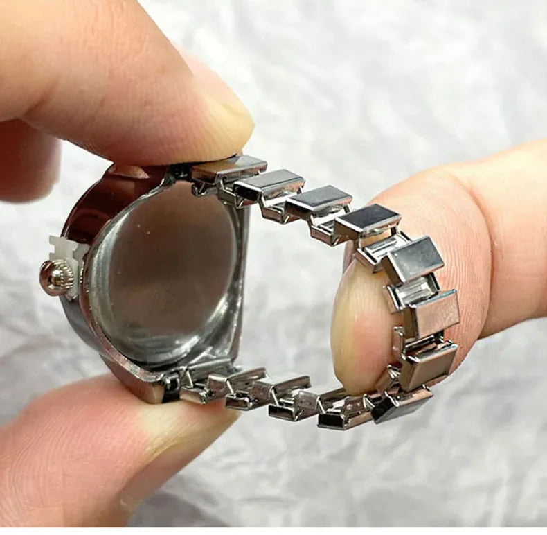 Creative Vintage Finger Watch Ring Unisex Elastic Alloy Quartz Ring Watch - White Gold