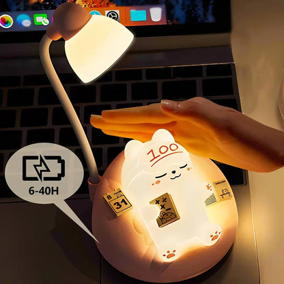 Cute Cat Scene LED Desk Lamp 3-Mode Dimmable USB Rechargeable Night Light - Pink